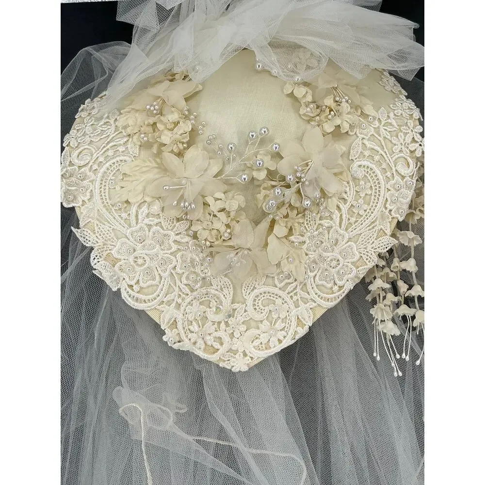 Vintage Bridal Veil Headpiece Lace Floral Pearl Juliet Cap Wedding Ivory